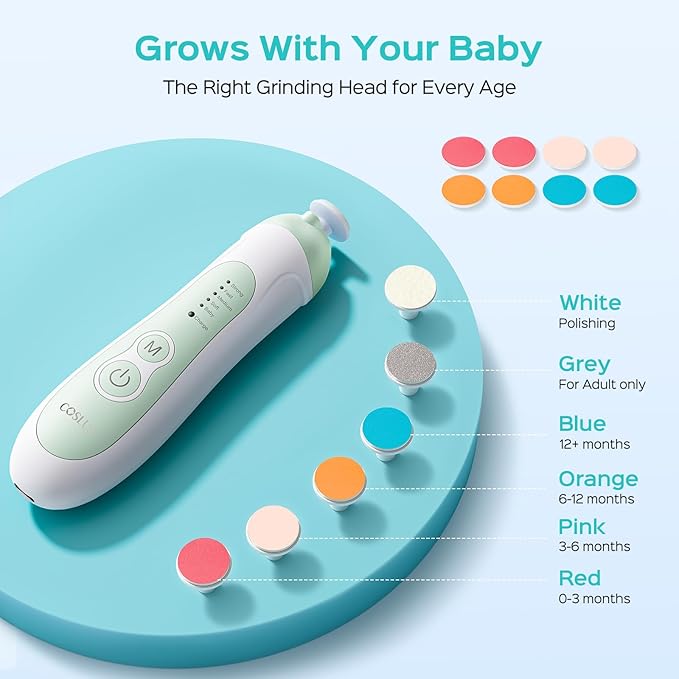 COSLUS C52 Rechargeable Baby Nail File: Cordless Baby Nail Trimmer Electric with 5 Speeds & 6 Grinding Heads for Baby Kid, CPC Certified and Quiet Design - Safe for Sleep Trim Buffer, Green
