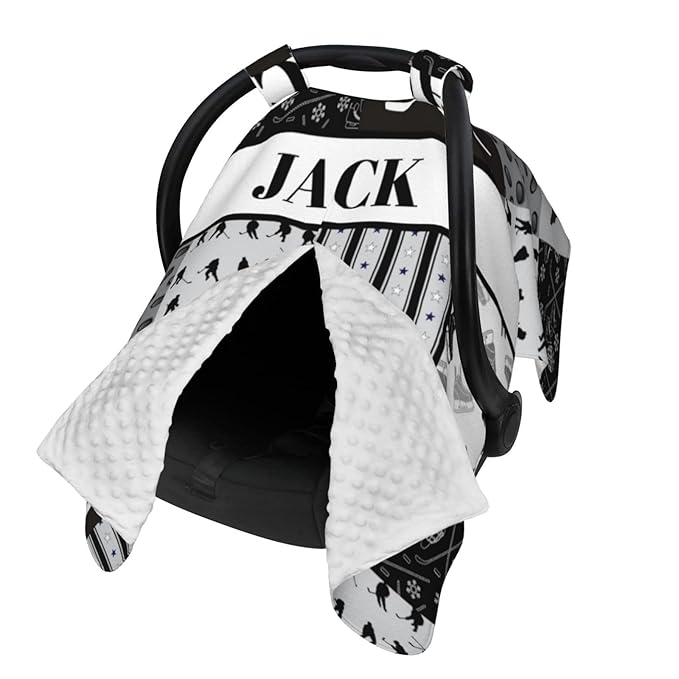 Custom Baby Car Seat Canopy with Name, Personalized Baby Car Seats Covers for Baby Boy, Hockey Black Opening Minky Nursing Breastfeeding Cover for Infant, Carseat Canopies for Newborn