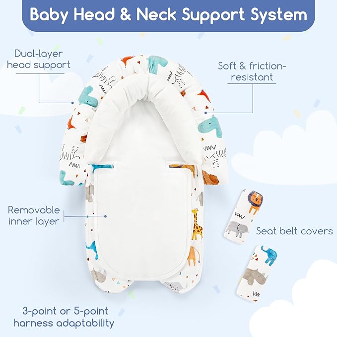 Infant Car Seat Insert & Strap Cover for Baby Boys, 2 in 1 Carseat Head Support Newborn, Ultra Soft Car Seat Cushion for Babies, Plush Fabric, Fit for Swing, Car Seat, Stroller, Bouncer, White