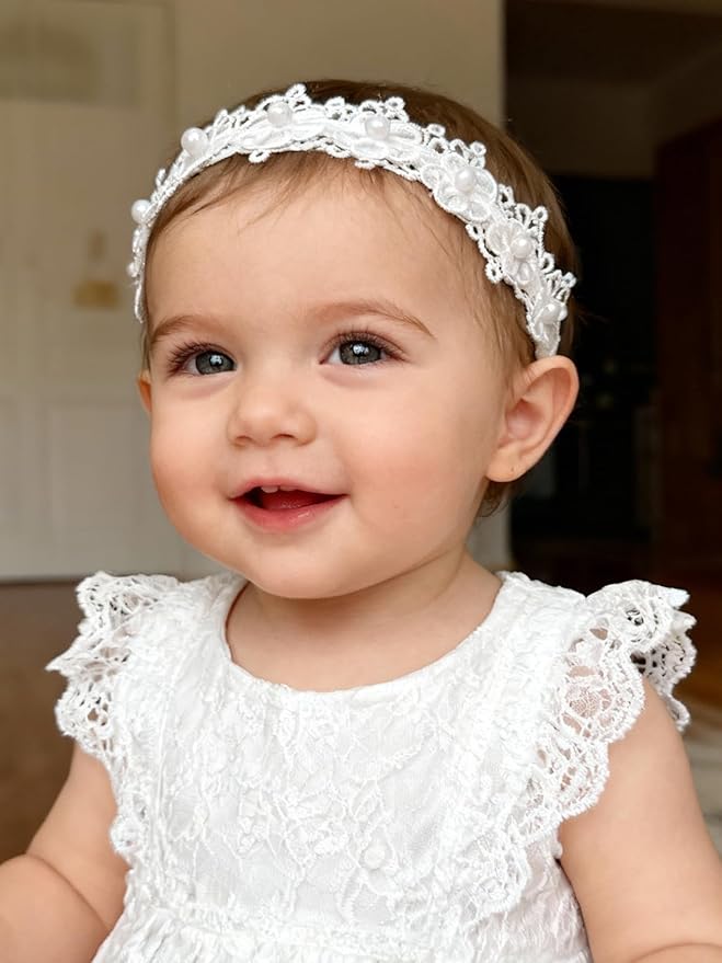 Baby Girls Hairband White Bow Lace Headbands Handmade Soft Stretchy Wide Head Band Newborn Hairbands with Bows Pearls Elastic Headband for Infant Hair Accessories (Pearl flowers)
