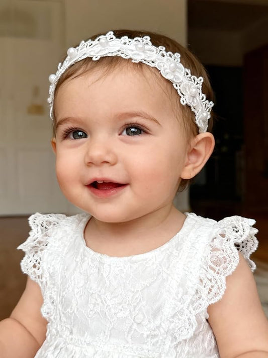 Baby Girls Hairband White Bow Lace Headbands Handmade Soft Stretchy Wide Head Band Newborn Hairbands with Bows Pearls Elastic Headband for Infant Hair Accessories (Pearl flowers)