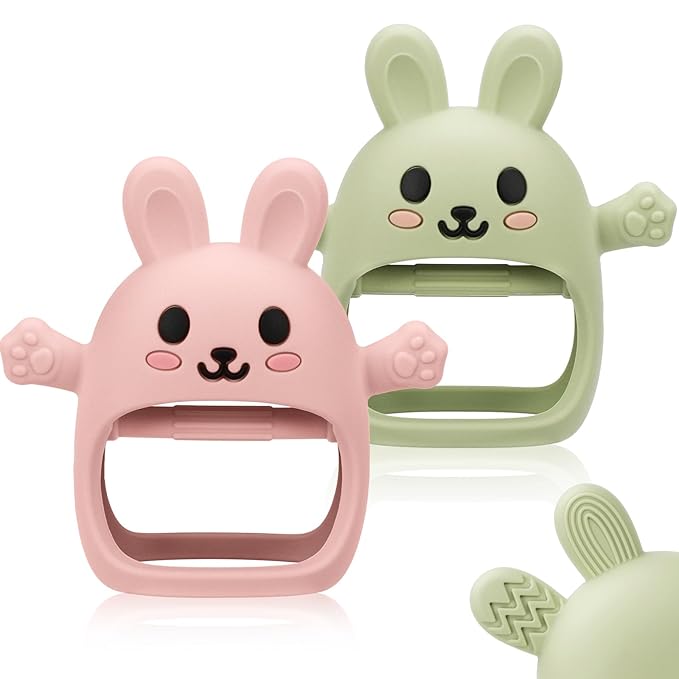 Easter 2 Pack Baby Teething Toys for 3-6 6-12 Months, Soft Silicone BPA Free Bunny Teething Mitten, Easter Basket Stuffers Chew Teether Toys 0-3 6 9 12 Months for Babies Sucking Needs
