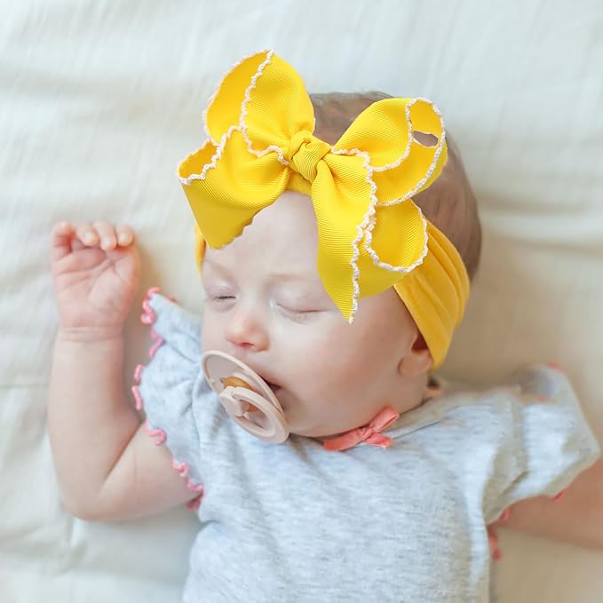 6'' Jumbo Yellow Baby Girls Bow Headbands, Handmade Grosgrain Moonstitch Boutique Baby Headwraps, Super Stretchy Soft Nylon Headbands for Newborns, Infants & Toddlers