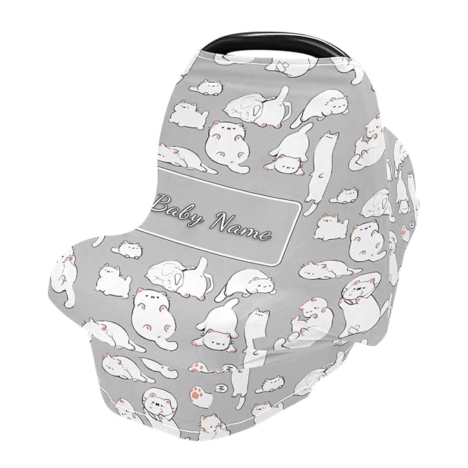 Personalized Baby Car Seat Cover for Babies, Custom Name Baby Car Seats Canopy for Boys Girls, Cute Cat Nursing Breastfeeding Stroller Covers for Infant Newborn, Shower Gift for Baby