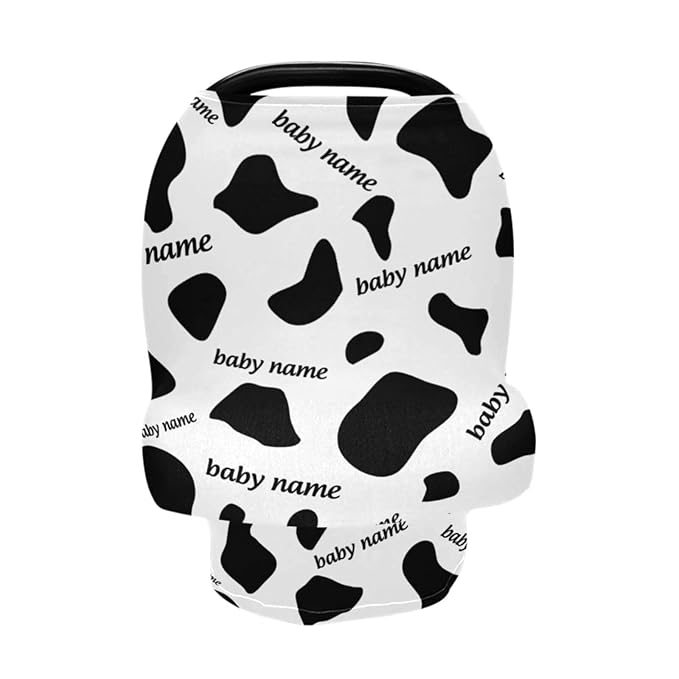 Personalized Baby Car Seat Cover for Babies, Custom Name Baby Car Seats Canopy for Boys Girls, Cow Stripes Nursing Breastfeeding Stroller Covers for Infant Newborn, Shower Gift for Baby