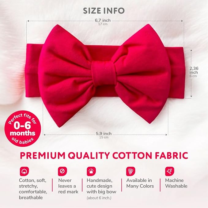 Newborn Baby Girl Headband 0–6 Months – Soft Cotton Big Bow Headband for Infants, Stretchy Baby Hair Band, 4.3" (11 cm) Bow, 2.4" (6 cm) Band (Red, 0-6 Month)
