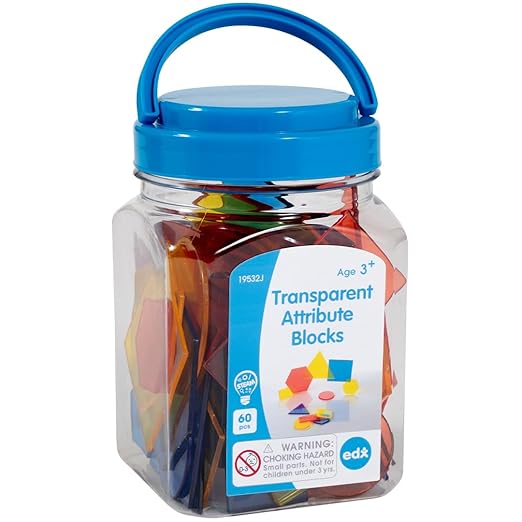 edxeducation Transparent Attribute Blocks - Mini Jar Set of 60 - Colorful, Plastic Shapes - Light Box Accessory - Sensory Play - Math Manipulative for Kids