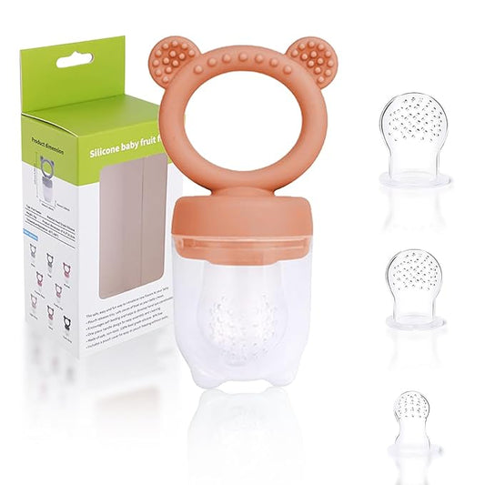 Baby Fruit Food Feeder Pacifier | Silicone Feeder and Teether for Infant Safely Self Feeding | Baby Teething Relief Toy Teether | Includes Additional Silicone Sacs, BPA Free (Orange)