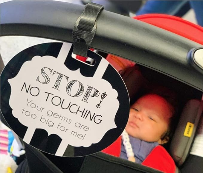 (Three Little Tots) No Touching Baby Car Seat and Stroller Two Pack- Baby Safety No Touching Car Seat Sign, Stroller Sign, Newborn Car Seat Tag- CPSIA Safety Tested (Eucalyptus/Black & White)
