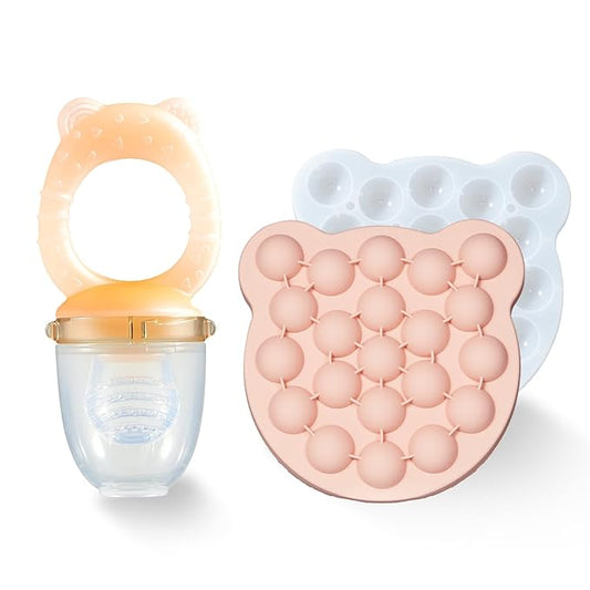 Baby Fruit Feeder& Teether with Freezer Tray Combo, BPA-Free Silicone Food Feeder for 4+ Months, Breastmilk Popsicle Molds for Teething Relief, Dishwasher Safe Baby Food Freezer Tray with Lid