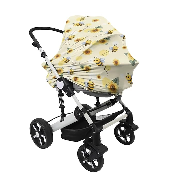 Wanyint Baby Car Seat Cover Cute Carseat Canopy for Babies Boys Girls Multi-Use Nursing Breastfeeding Covers Nursing Scarf Halloween Decoration, Bee Print Sunflower Yellow