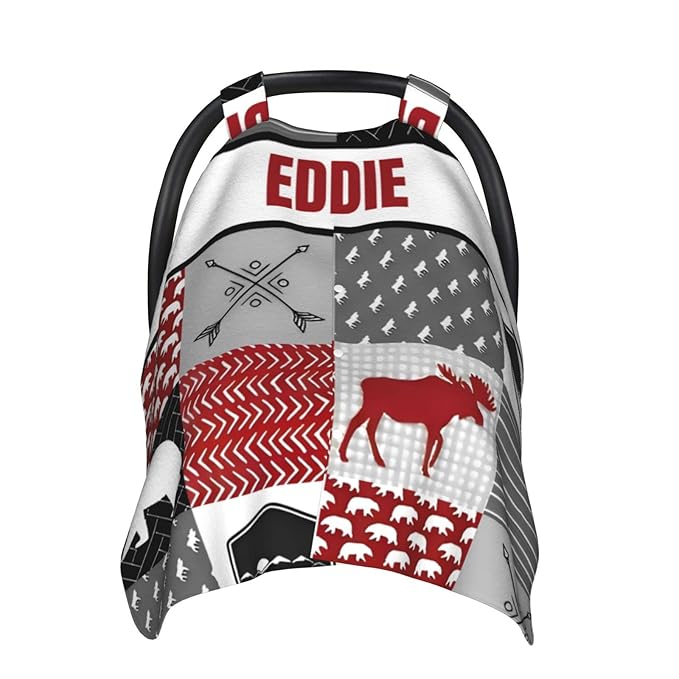 Personalized Baby Car Seat Canopy for Babies with Name, Custom Car Seat Covers for Boy Girl, Infant Opening Minky Nursing Breastfeeding Stroller Cover Carseat Canopies for Newborn (Woodland Deer Bear)
