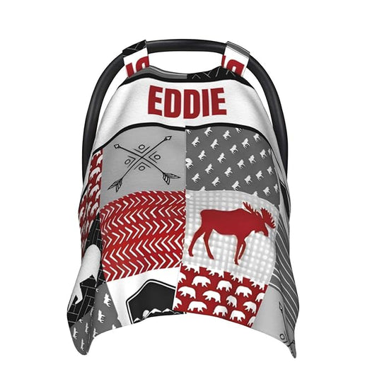 Personalized Baby Car Seat Canopy for Babies with Name, Custom Car Seat Covers for Boy Girl, Infant Opening Minky Nursing Breastfeeding Stroller Cover Carseat Canopies for Newborn (Woodland Deer Bear)