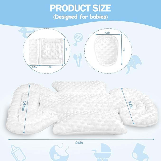 Infant Car Seat Insert Boy Girl, 3 in 1 Newborn Carseat Insert with Strap Pads, Car Seat Head Support for Baby Strollers, Swings, and Bouncers, Comfortable and Machine Washable, White