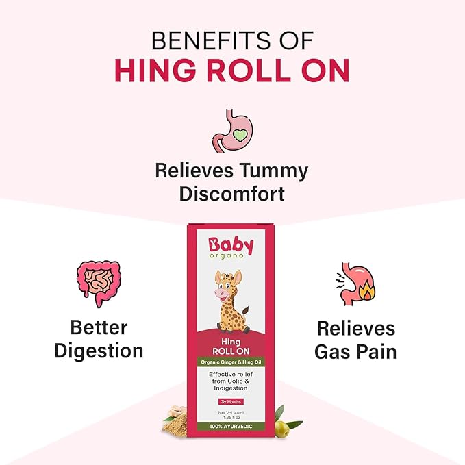 Baby Organo Hing Roll On for Gas, Colic & Indigestion Relief – Tummy Roll On for Babies & Newborns – Fast Acting Natural Ayurvedic Formula – 40ml / 1.35 fl oz