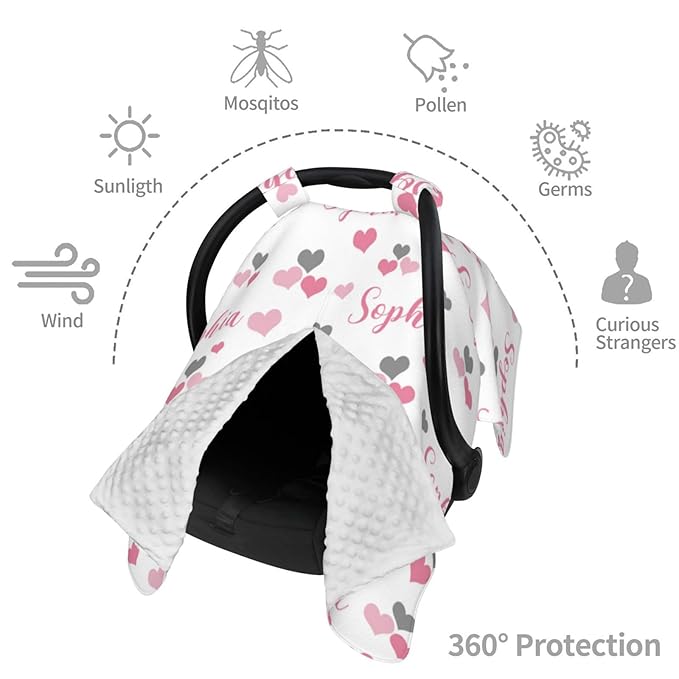 Personalized Baby Car Seat Canopy with Name, Hearts Infant Carseat Canopy, Nursing Breastfeeding Stroller Cover for Newborn Girls