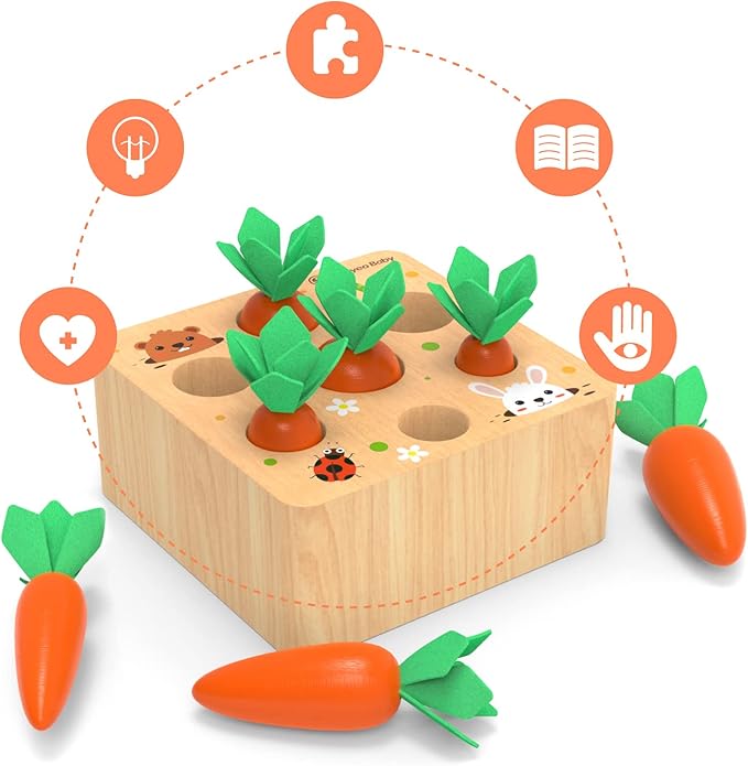 KMTJT Montessori Toys for 1 2 3 Year Old Toddlers, Carrot Harvest Game Wooden Toy for 2 3 Year Old Baby Boys and Girls, Educational Learning Shape Sorting Matching Gifts 1-3