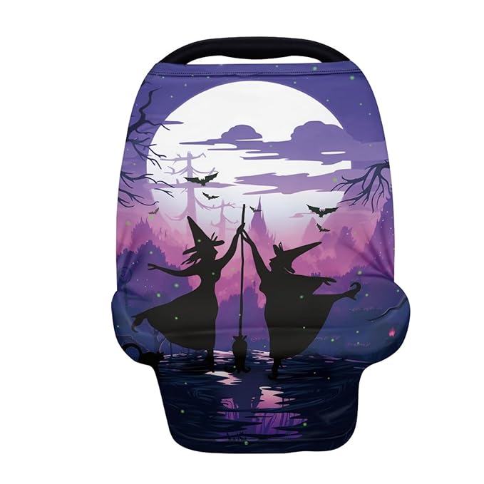 Coldinair Halloween Witch Print Nursing Cover for Breastfeeding - Purple Sunset Branch and Bats Pattern Nursing Carseat Canopy Cover for Baby Boys Girls