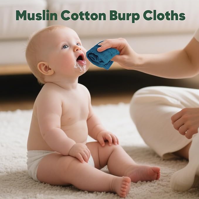 MIGIOL Baby Washcloths 100% Cotton Size is 12x12 inches. Lightweight, Portable, and Ideal for use at Home or on The go. (White & Blue 6 Pieces)