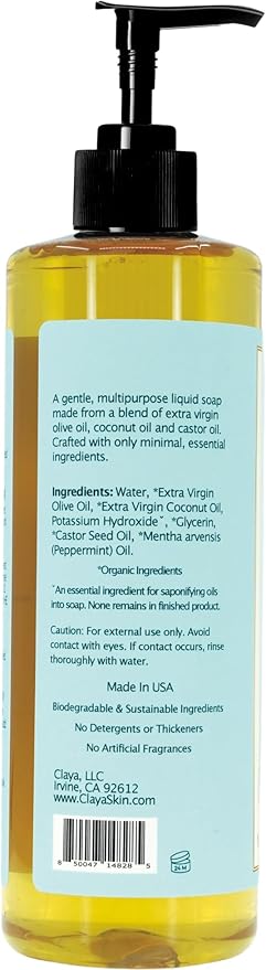 Claya Liquid Castile Soap – Organic Ingredients, Biodegradable, Gentle for Sensitive Skin and Versatile Use (16 fl oz (Pump Cap), Peppermint)