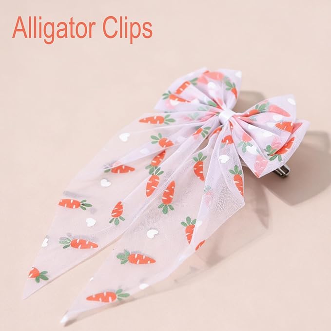 Easter Hair Bow for Girls - Large Tulle Carrot Bow Hair Clip with Long Tail, Cute Carrot Hair Accessory Alligator Clip for Women Toddlers, Easter Spring Party Barrette Hair Decoration