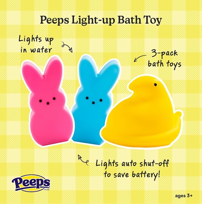 Peeps Light Up Easter Bathroom Toys for Kids, 3 Pack Bunny and Chick LED Night Bath Toys, Glowing Waterproof Novelty Toy Set for Easter Baskets, Party Favors