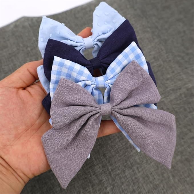 4 PCS Sailor Bow Hair Clips for Kids Girls Women Linen cotton Hair Bow Alligator Clips Baby Toddler Girl Mom Hair Accessories (Blue/Grey)
