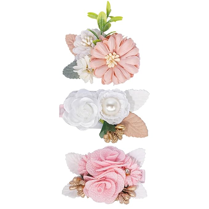 3pcs Girls Flower Hair Clips, Floral Hair Barrettes w/Boutique Fully Lined Alligator, Hair Bows for Baby Newborn Toddler