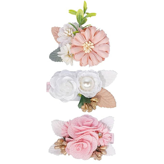 3pcs Girls Flower Hair Clips, Floral Hair Barrettes w/Boutique Fully Lined Alligator, Hair Bows for Baby Newborn Toddler