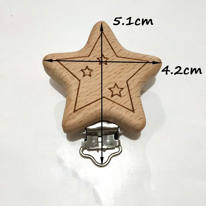 20pcs Natural Wood Suspender Pacifier Clips Cute Beech Wooden Animal Start Shape Clips DIY Beading Pacifier Chain Accessory
