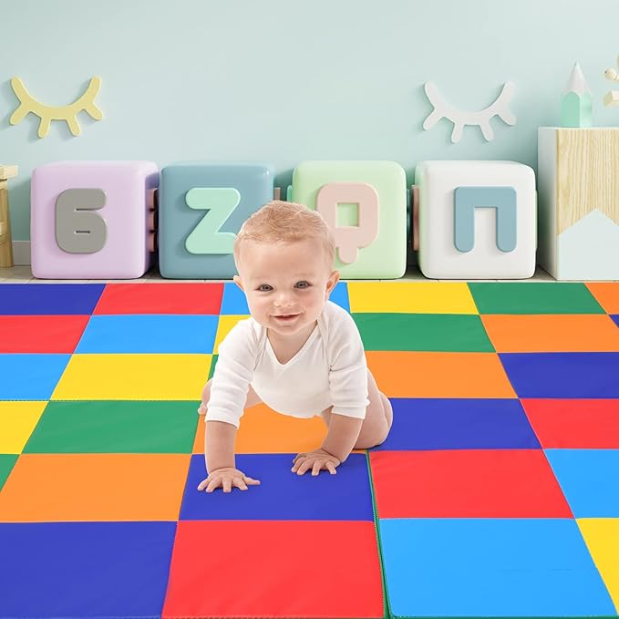 OLAKIDS Baby Foam Play Mat, Foldable 58'' x 58'' Toddler Collapsible Crawl Floor Mat, Waterproof Soft Thick Patchwork Play Mat for Kids Gym Nursery Playroom (Blue)