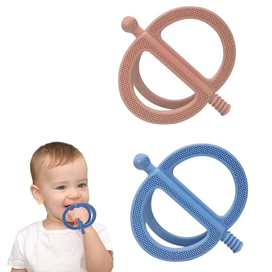 SOLIFEGOBLE 2 Pack Baby Teething Toy for 0-24 Months, Food Grade Silicone Teether, Easy Grip Design to Soothe Gum Pain, BPA-Free, Freezable & Dishwasher Safe (Khaki+Light Blue)