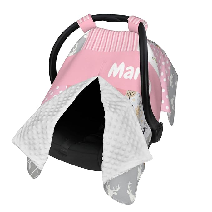 Personalized Baby Car Seat Canopy for Babies with Name, Custom Car Seat Covers for Girls, Infant Opening Minky Nursing Breastfeeding Stroller Cover Carseat Canopies for Newborn (Floral Deer Pink)