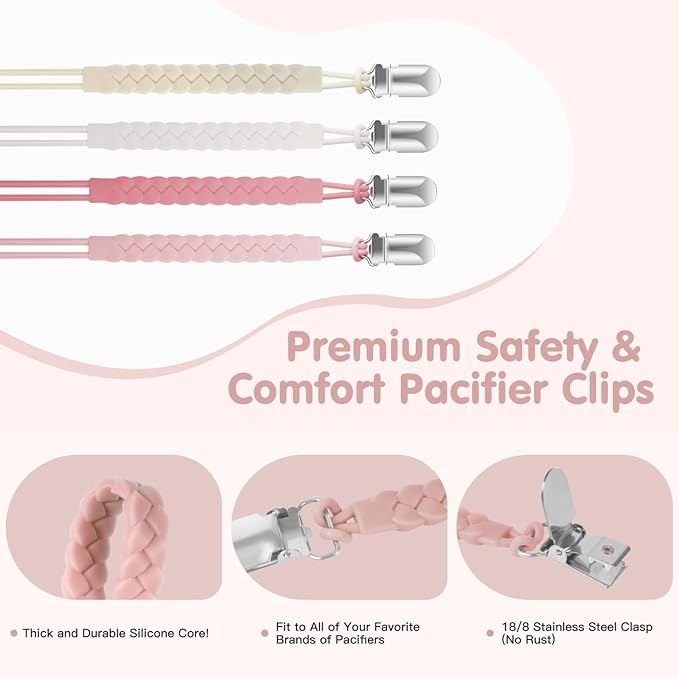 TenderBabe Silicone Pacifier Clip for Baby Girls and Boys, Pack of 6 Soft Flexible Paci Binky Clips with One-Piece Braided-Style Design,BPA-Free Baby Essentials