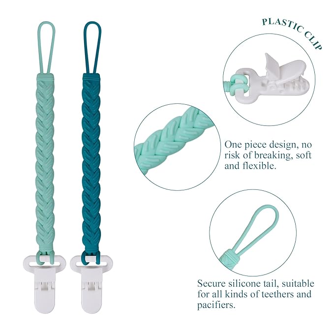 4 Pcs Green Baby Silicone Teething Pacifier Clip,One-piece Design,Woven Shape,BPA Free.