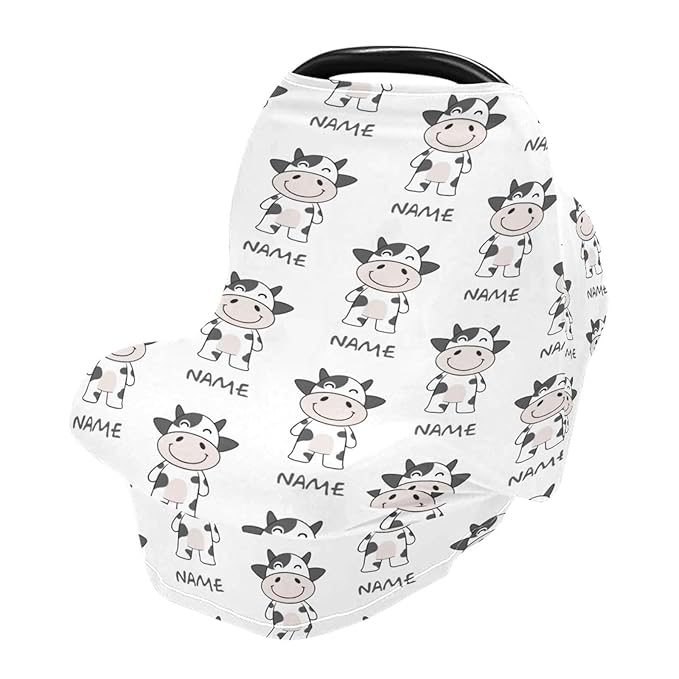 Personalized Baby Car Seat Cover for Babies, Custom Name Baby Car Seats Canopy for Boys Girls, Funny Cow Nursing Breastfeeding Stroller Covers for Infant Newborn, Shower Gift for Baby