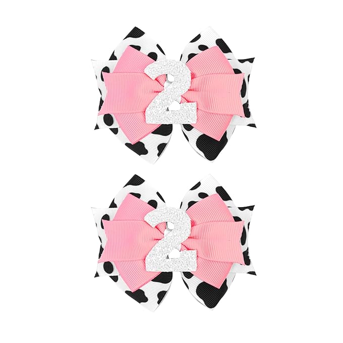 Cow Print Birthday Bow Hair Clip, Pink Farm Animal Theme 2 Year Old Hair Bow Clip Accessory for Toddler Girls Party Baby Shower Decor