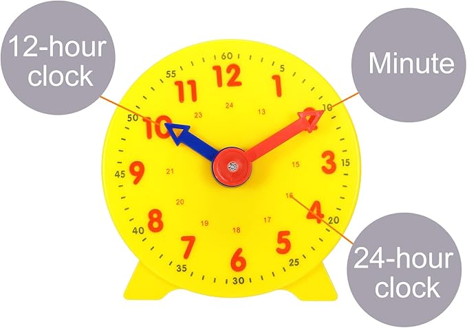 PATIKIL 4 inch Teaching Clock, Learn Clock Learning Tell Time Analog Clock Demonstration Clock 24 Hour 2 Pointers Geared Movement for Classroom Teacher, Yellow