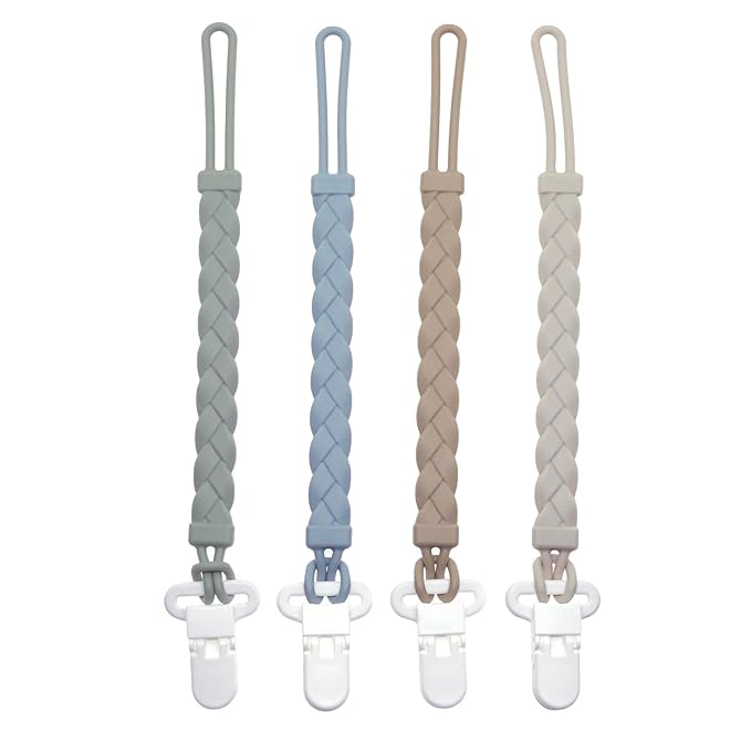 Silicone Pacifier Clips Baby Boys Girls, 4-Pack Flexible Woven Rope Braided Pacifier Clip Holder for Baby Essentials, Newborn Paci Binky Clips (Boy's Color)