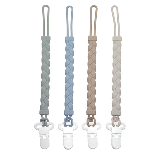 Silicone Pacifier Clips Baby Boys Girls, 4-Pack Flexible Woven Rope Braided Pacifier Clip Holder for Baby Essentials, Newborn Paci Binky Clips (Boy's Color)
