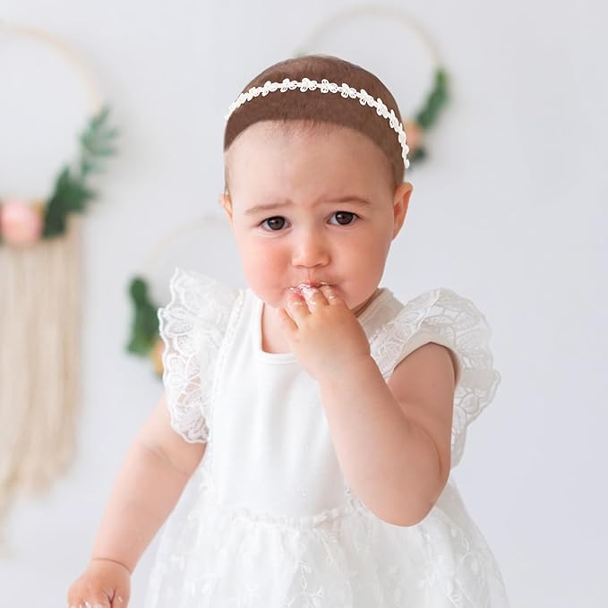Adjustable Baptism Headband for Girl, White 15.75 inch Lace Baby Headband Baptism Hair Accessories for Girls, White Newborn Bow Flower Christening Hairband with Pearl for Toddlers Baptism