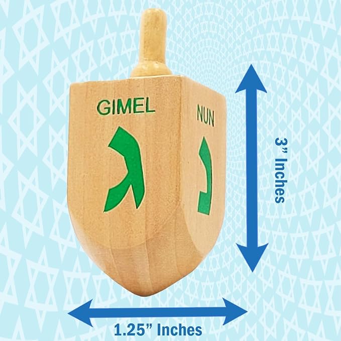 Hanukkah 2-Pack Dreidel Extra Large 3" Inch Wooden Dreidels Natural Wooden with Foil Embossed Hebrew Letters & English Translation. Great for All Kids Ages 3 and up.