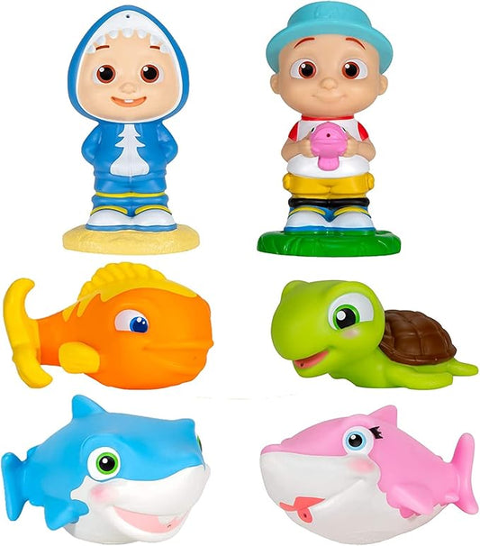 CoComelon Water Squirter Toys for Pool & Bath 6-Pack - Officially Licensed - JJ, Baby Shark, Turtle, Fish Figure Set - Gift for Toddlers, Preschoolers, Kids 18mo+