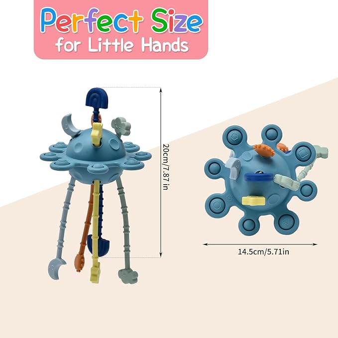 Little Rawr Silicone Baby Sensory Montessori Toys & Pull String Toys for 18 M+, Toddler Birthday Gift Car Seat Airplane Travel for 1 2 Year Old Boy Girl Infant 18 Months Old (Blue)