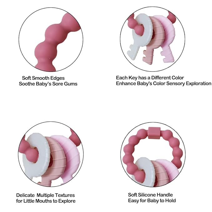 Baby Teething Keys Toys 3 to 12 Months,Infants Toddler Sensory Chew Toys,Teether Toys for Baby Girl-Soft & Raised Texture to Soothe Gums,BPA Free (Pink)