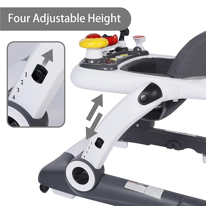 Kinder King Baby Walker with Music & Lights, 5 in 1 Baby Activity Walker with Wheel, Adjustable Height & Seat, Learning-Seated & Toddler Walk-Behind, Safety Bumper, Infant Walker Anti-Rollover, Grey