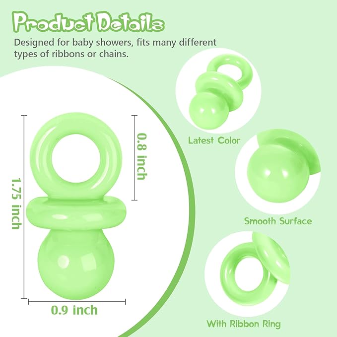 24 Pcs Baby Shower Pacifiers, 1.75 Inch Plastic Pacifiers for Baby Shower Game Boy Girl, Bulk Pacifier for DIY Decoration, Gender Reveal Table Scatter, Hunt Game Props, Party Favors(Green)