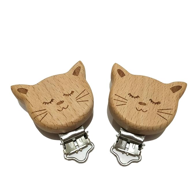 5pcs Natural Wood Suspender Pacifier Clips Cute Beech Wooden Animal Cat Shape Clips DIY Beading Pacifier Chain Accessory