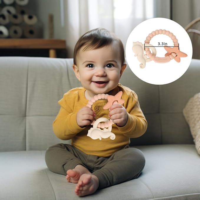 Silicone Teething Ring Toy, Baby Teether Toys with Rattles, BPA Free Sensory Chew Toys for Babies 3-6-12 Months to Soothe Sore Gums, Great Shower, Christmas Gift(Blush)