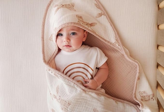 Little Jump Muslin Hooded Baby Bath Towels - 2 Pack 100% Cotton Towel for Babies, Infants, Toddlers - 32x32Inch - Highly Absorbent and Newborn Essential (Bunny)